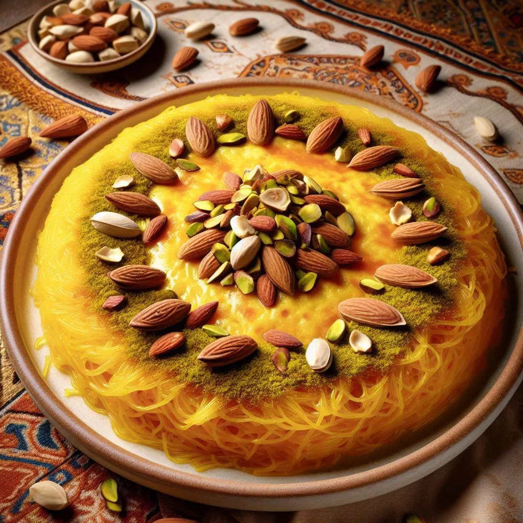 Sweet spiced vermicelli topped with a golden omelette and slivered almonds