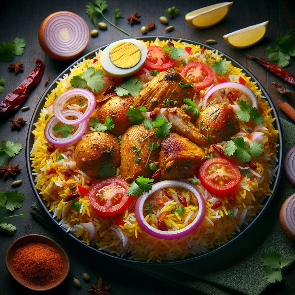 Kuwaiti biryani with saffron basmati rice, chicken and fried onions
