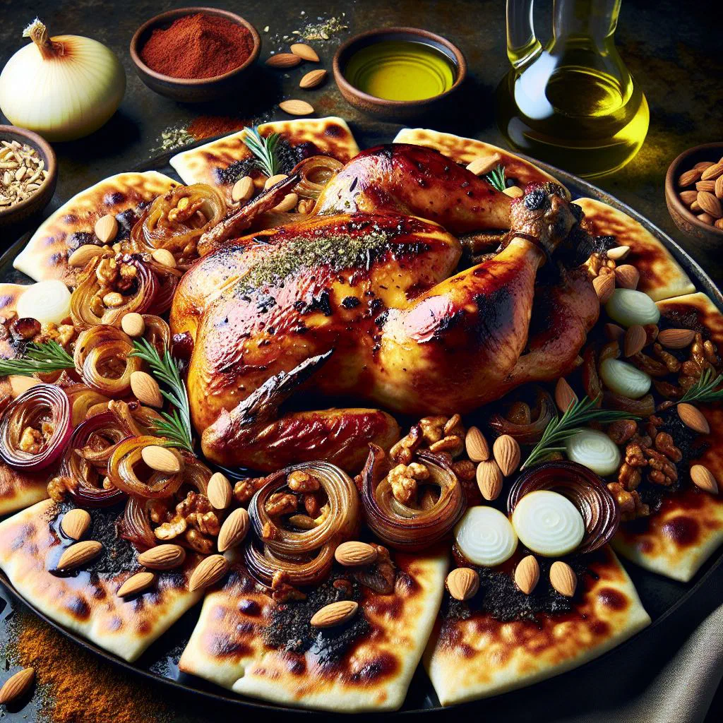 Chicken musakhan on warm flatbread topped with golden sumac onions