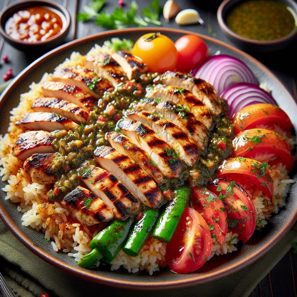 Grilled marinated chicken served with rice and fresh herbs