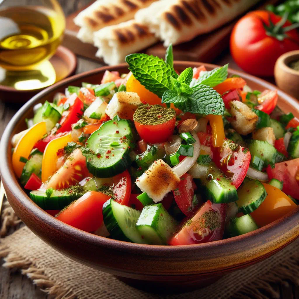 Fattoush salad with tomatoes, cucumber, herbs and crisp pita pieces