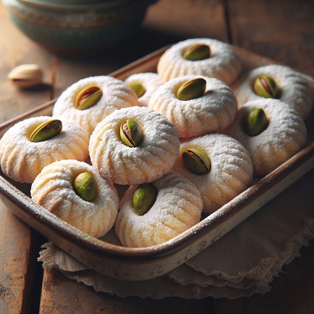 Round Ghraybeh butter biscuits topped with whole almonds on a plate