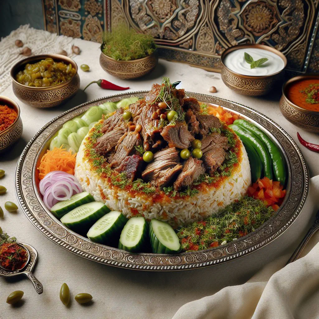 Ghuzi with tender lamb on spiced rice, garnished with nuts and raisins