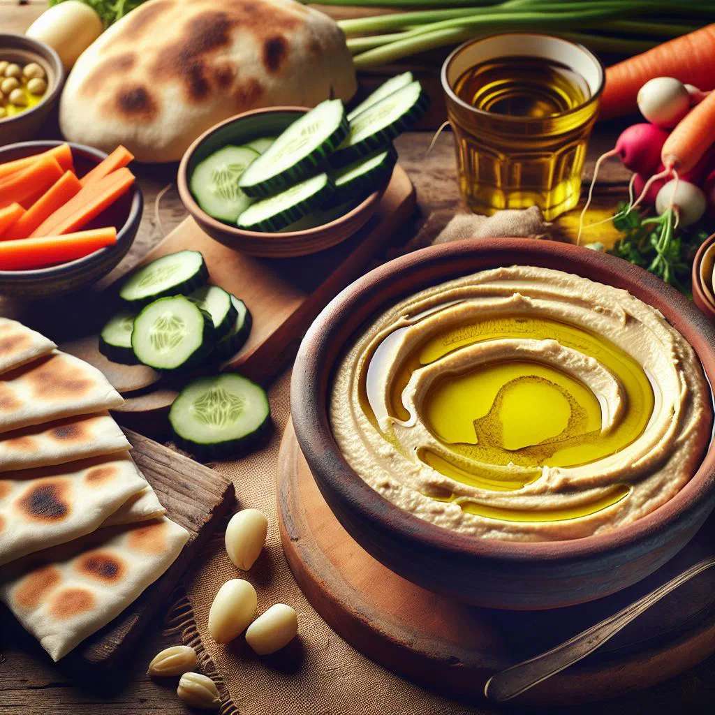 Creamy hummus in a bowl drizzled with olive oil and sprinkled with herbs