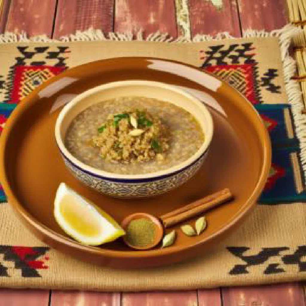 Bowl of Kuwaiti jireesh made with cracked wheat and tender chicken, garnished with fresh coriander
