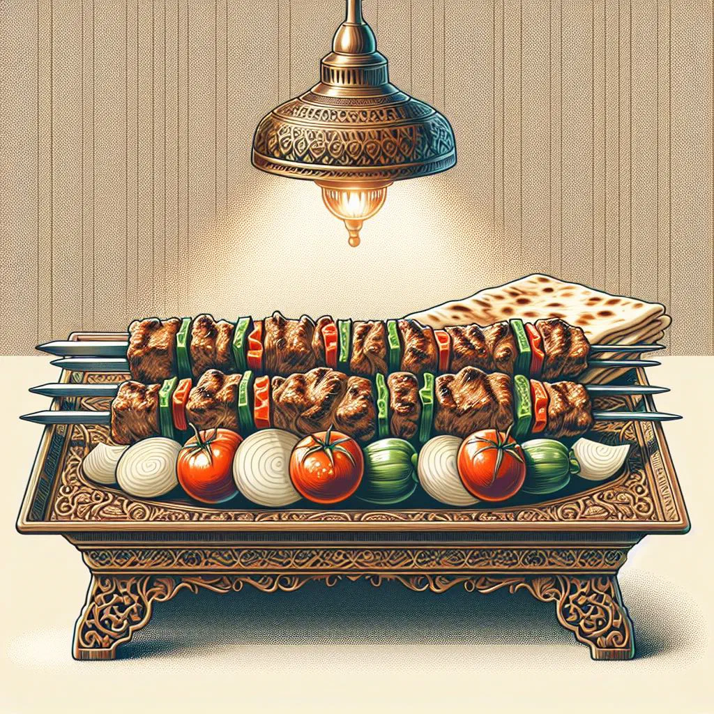 Grilled Kuwaiti kebab skewers with onion and fresh parsley