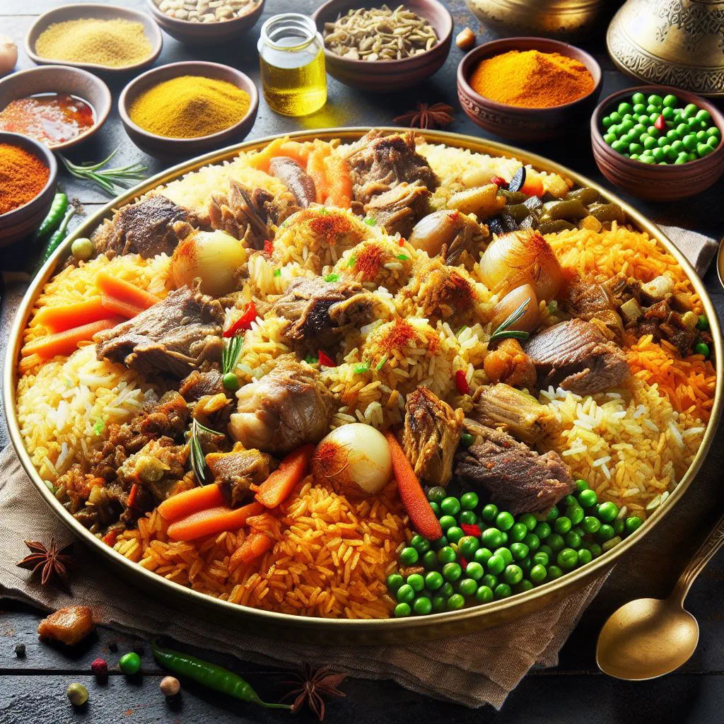 Kebsa with spiced rice, tender meat and fresh herbs on a large platter