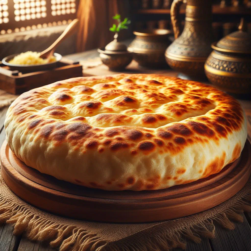 Freshly baked khubz flatbreads stacked on a wooden board
