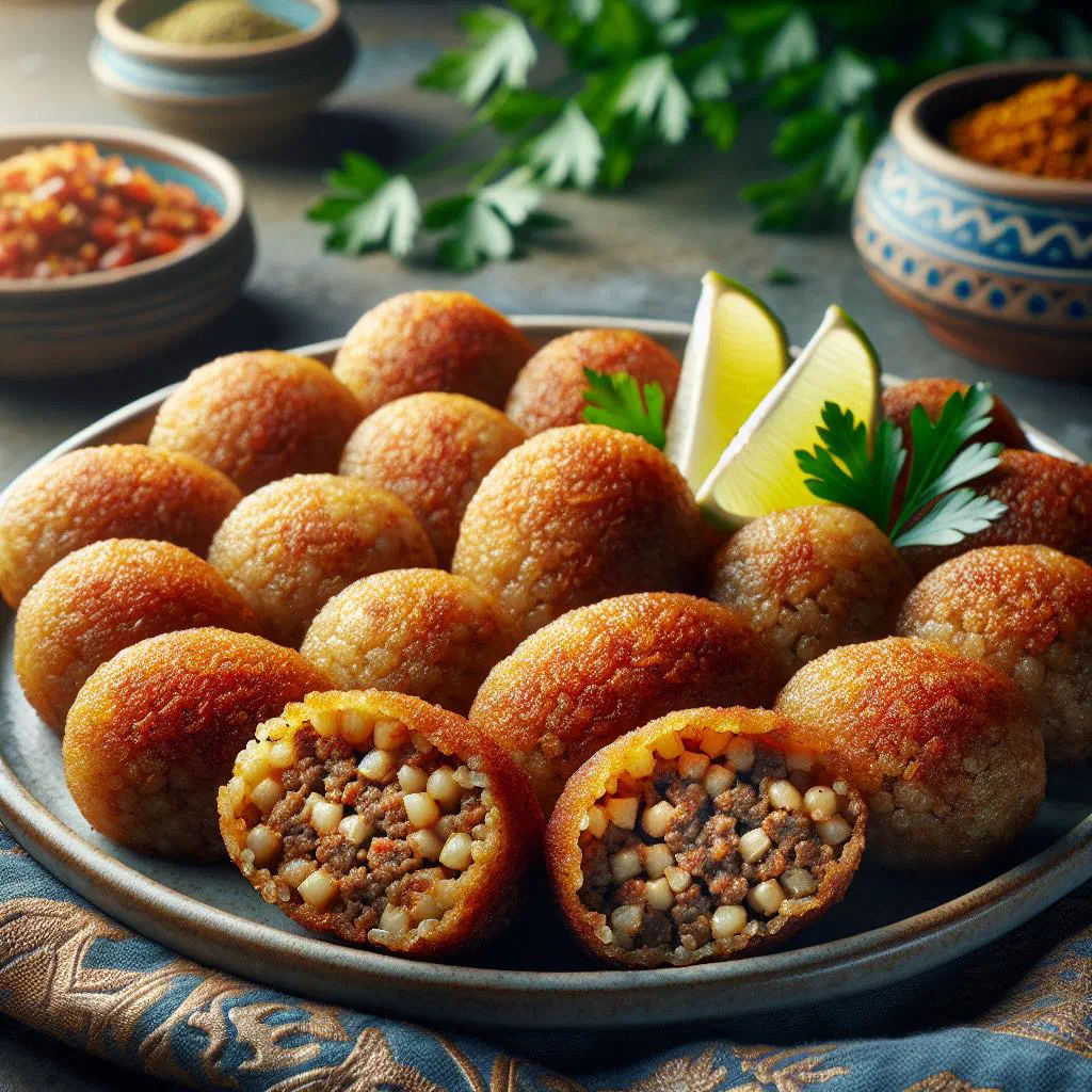 Golden fried kibbeh torpedoes garnished with fresh parsley