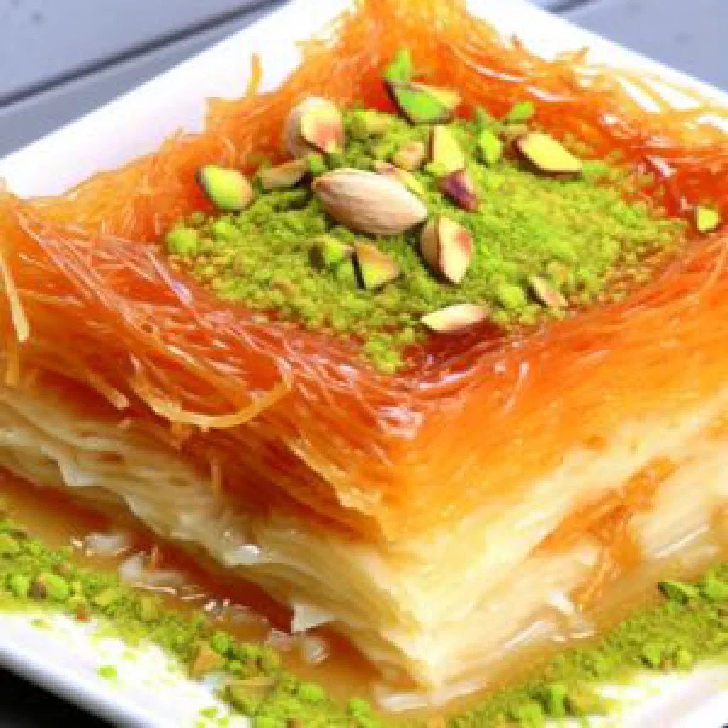 Golden baked knafeh nabulsieh with melting cheese and chopped pistachios