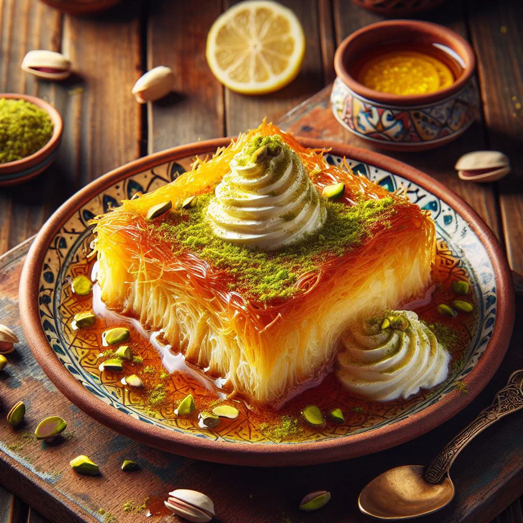 Golden knafeh topped with sugar syrup and chopped pistachios