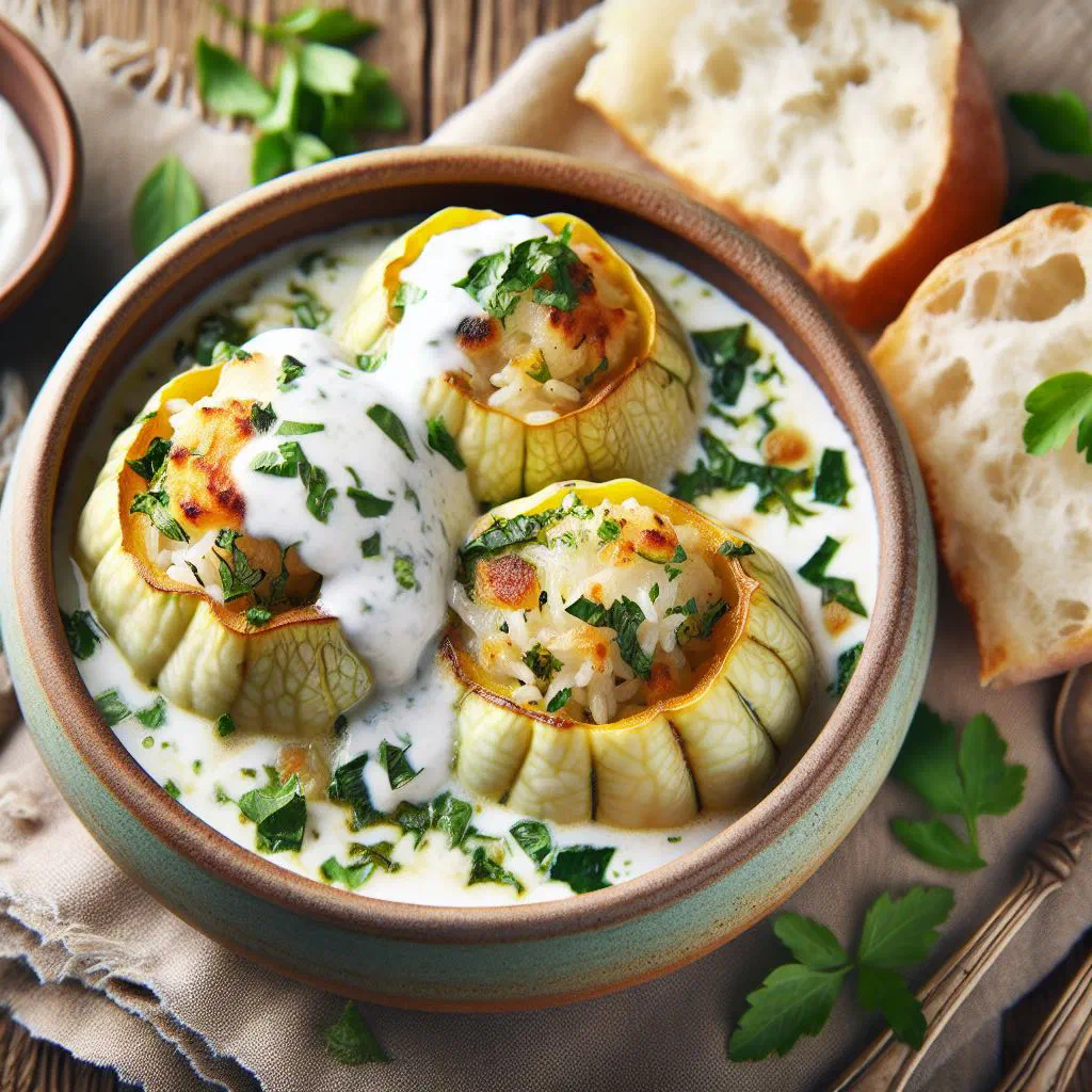 Stuffed courgettes simmered in tomato sauce, garnished with fresh parsley
