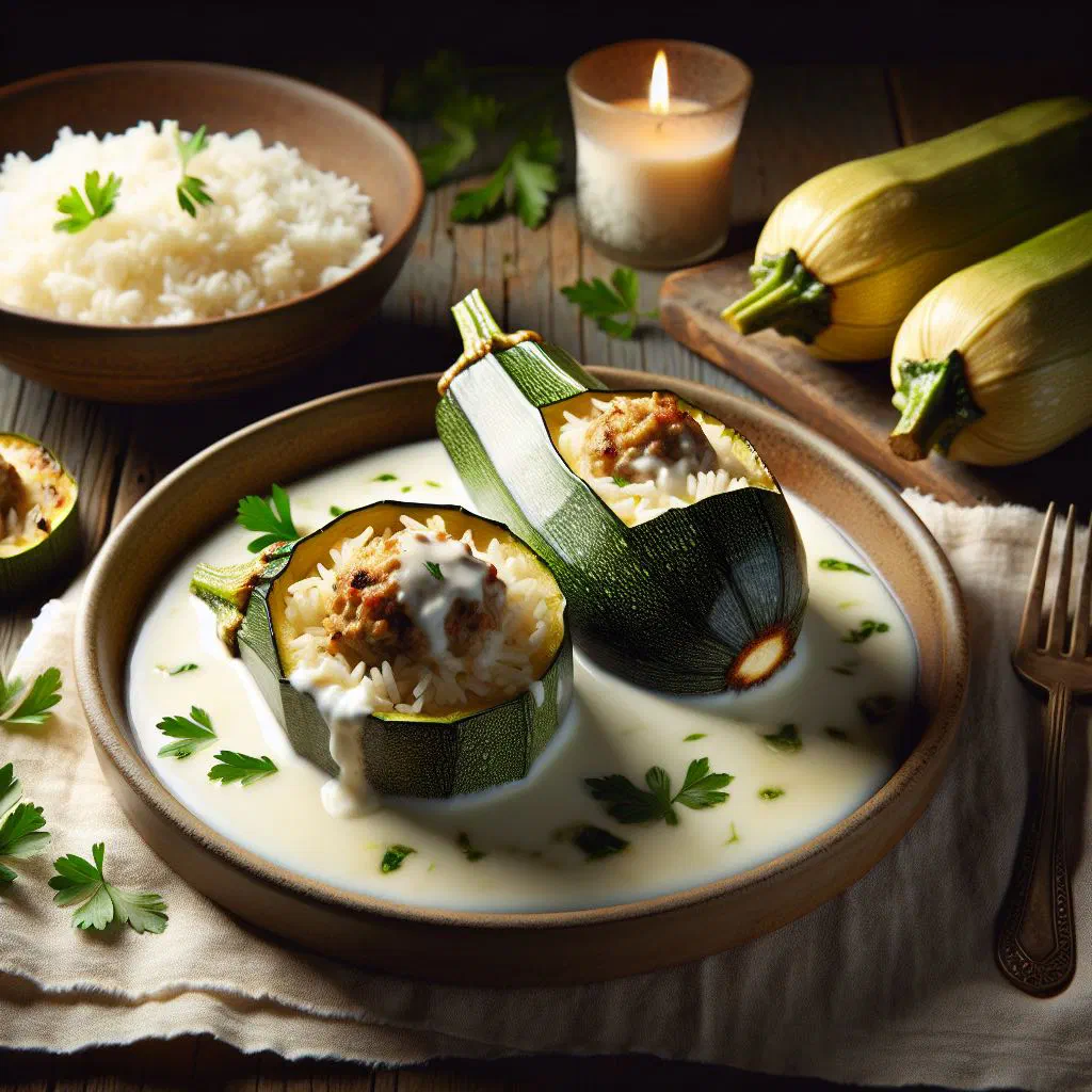 Stuffed courgettes in a creamy yoghurt sauce garnished with fresh mint