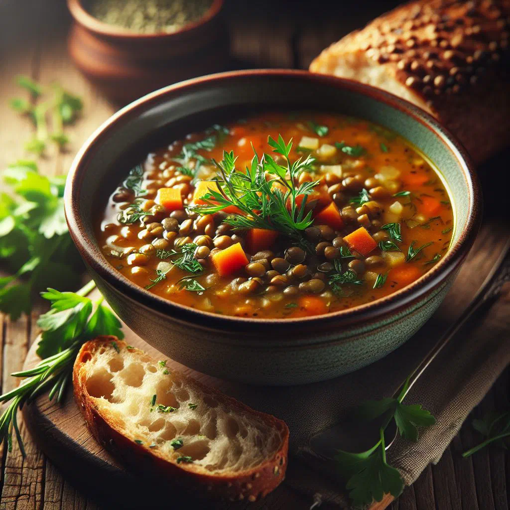 Bowl of Kuwaiti lentil soup garnished with fresh parsley