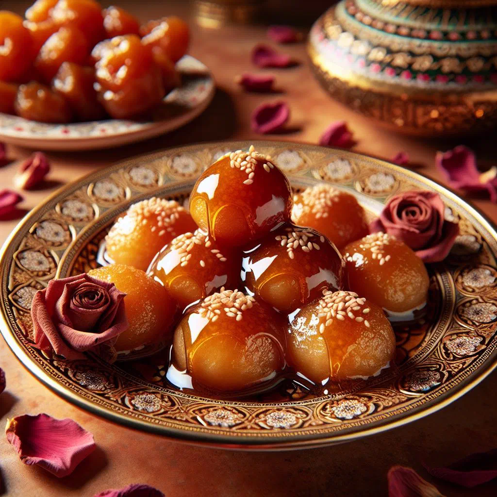 Golden louqaimat dumplings drizzled with sweet syrup and sesame seeds