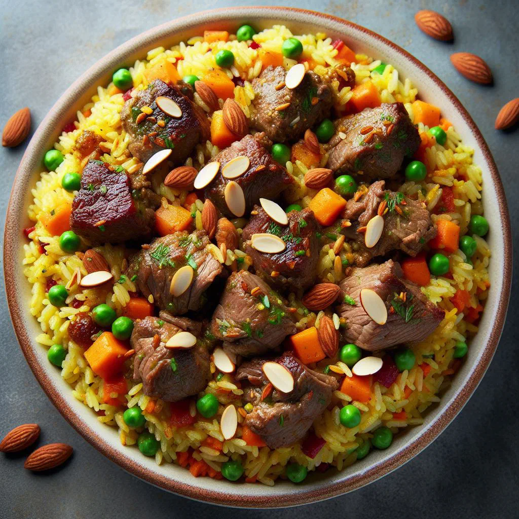 Machboos laham with spiced basmati rice, tender lamb and fresh herbs