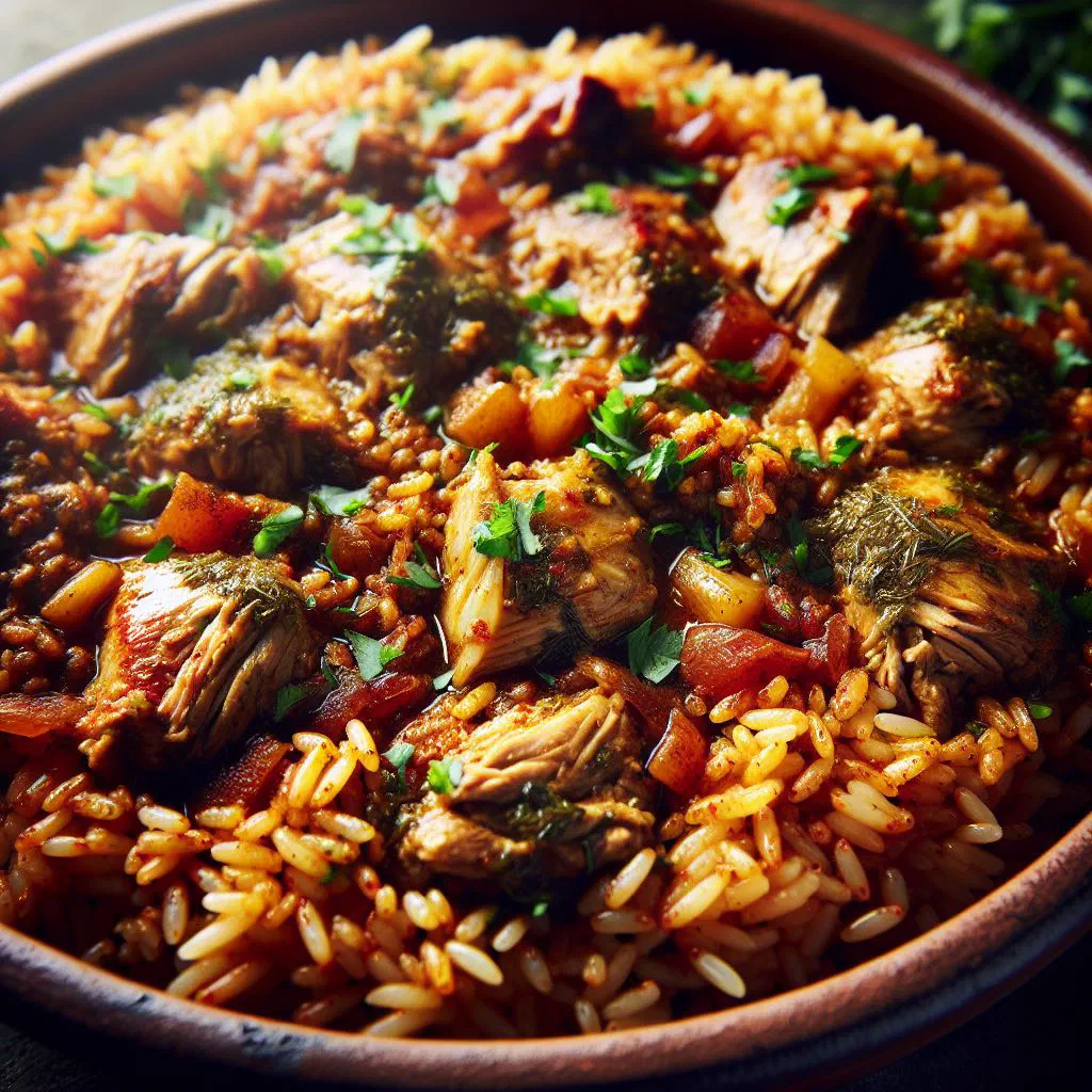 Machbous with spiced basmati rice, tender lamb, parsley and toasted nuts