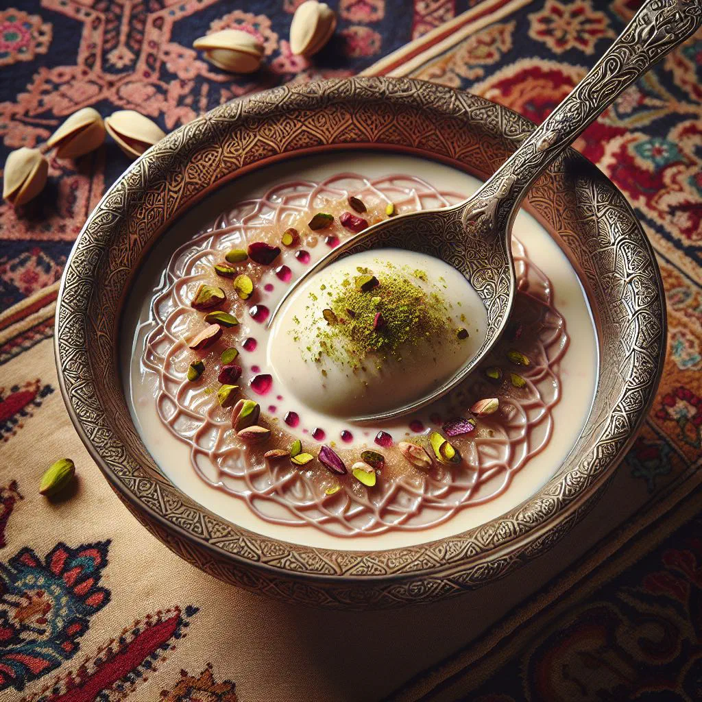Creamy mahalabia milk pudding topped with chopped nuts and rose petals