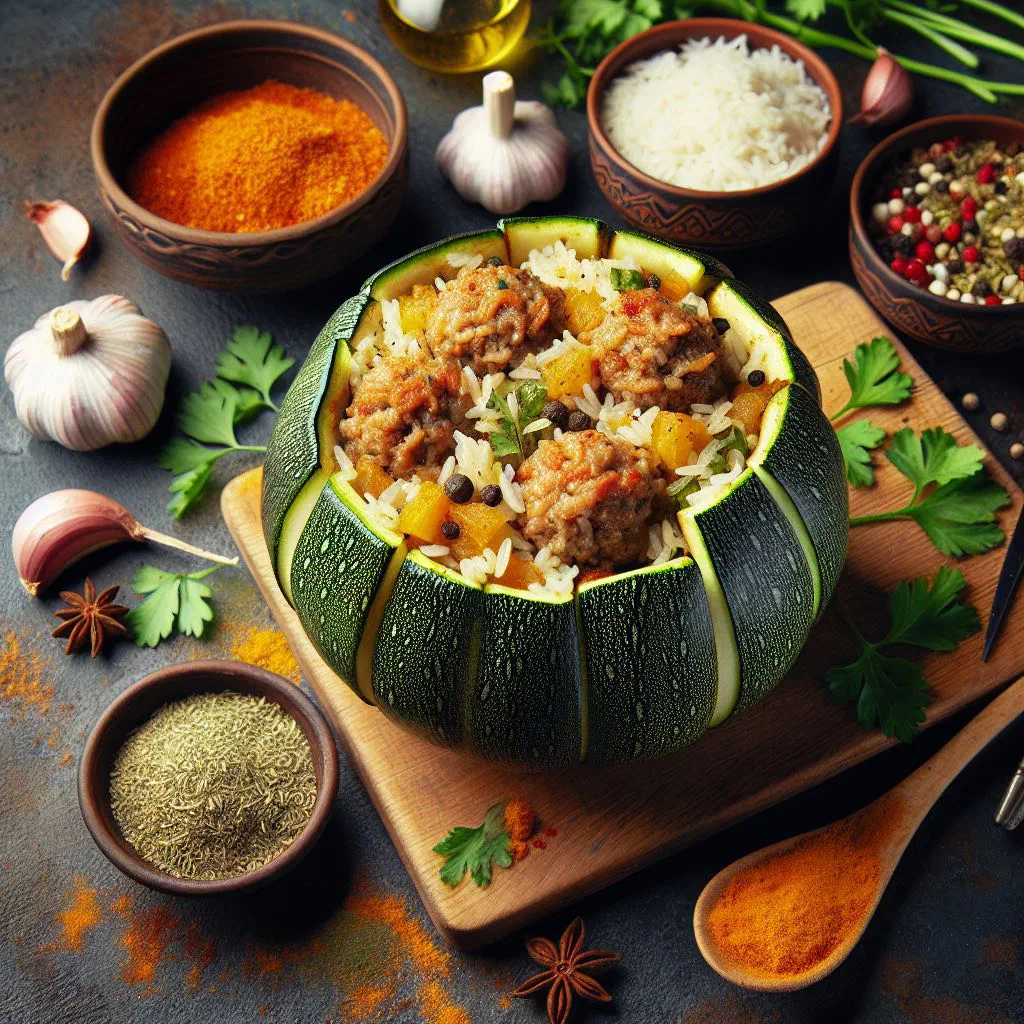 Stuffed courgettes simmered in tomato sauce and garnished with fresh herbs