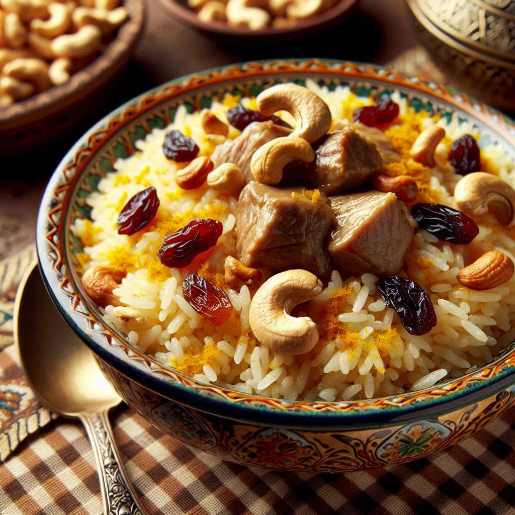 Mashkhool rice with tender lamb pieces and fresh herbs on a serving platter