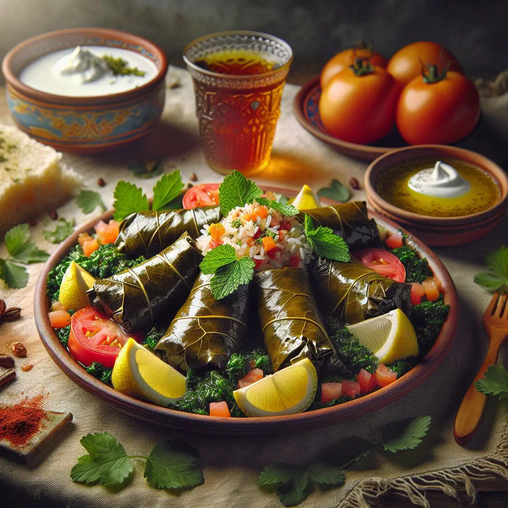 Stuffed vine leaves arranged on a plate with lemon wedges and fresh herbs