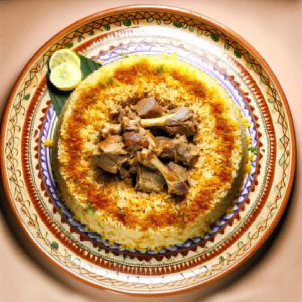 Mofatah with tender lamb on fragrant spiced basmati rice, garnished with fresh herbs