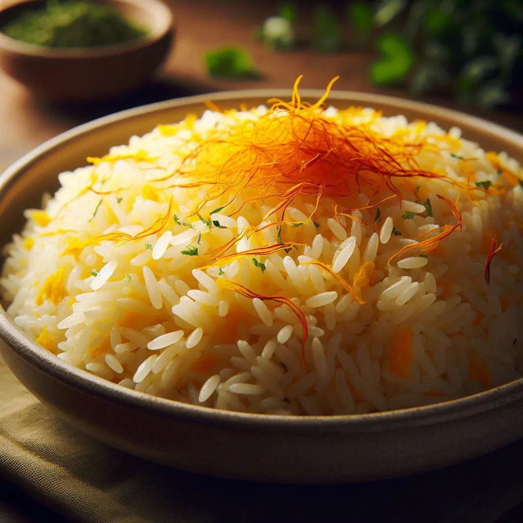 Golden saffron rice in a shallow bowl, garnished with toasted nuts
