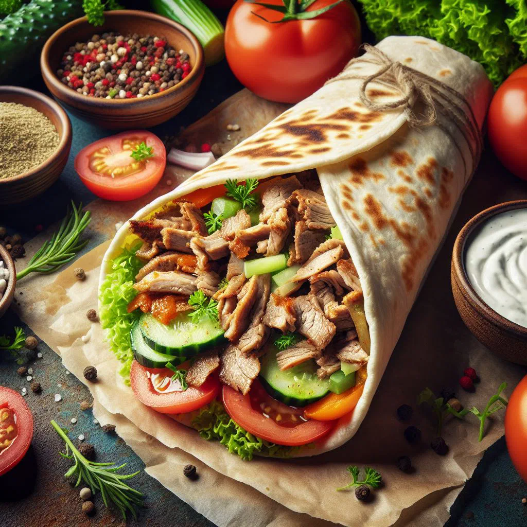 Shawarma wrap filled with sliced marinated meat, fresh vegetables and sauce