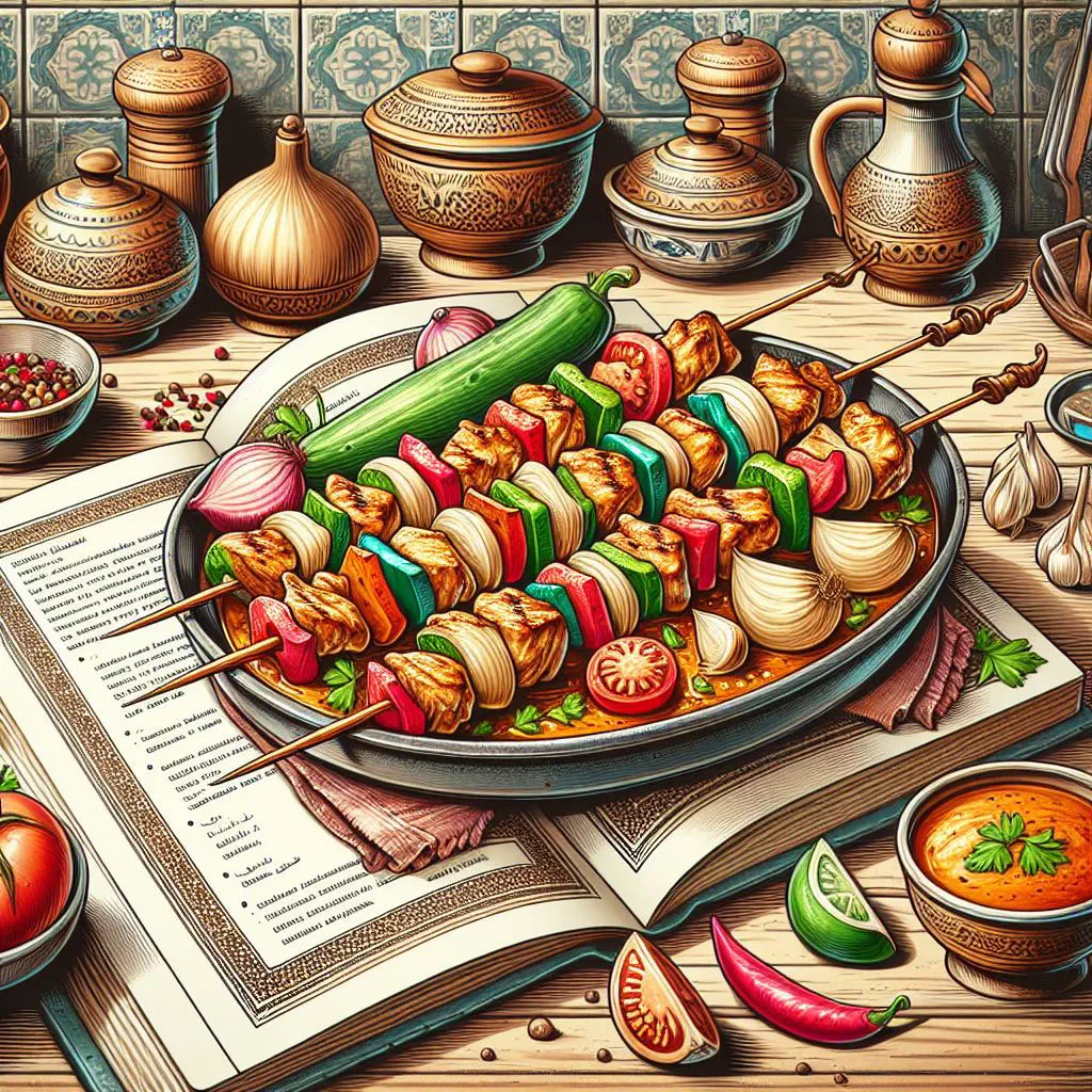 Grilled shish tawook chicken skewers with flatbread and dips