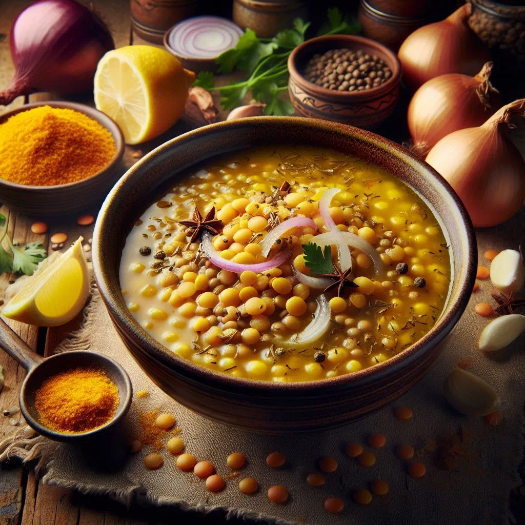 Bowl of golden Kuwaiti lentil soup garnished with fresh coriander and lemon