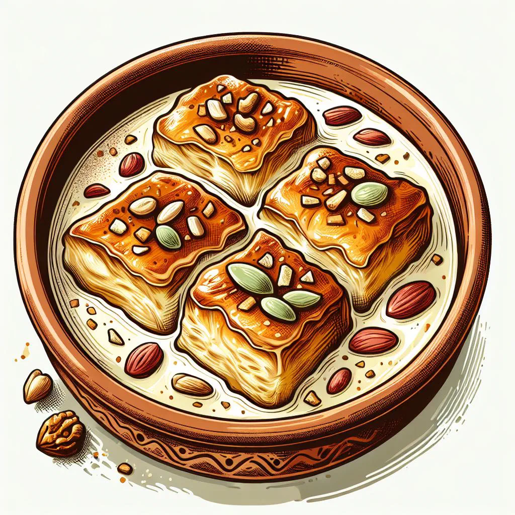 Baked Umm Ali in a dish with golden pastry, almonds and raisins