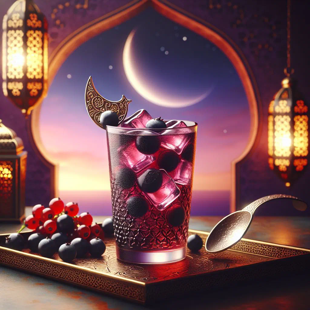 Chilled Vimto Ramadan drink in a tall glass with fresh mint and lime