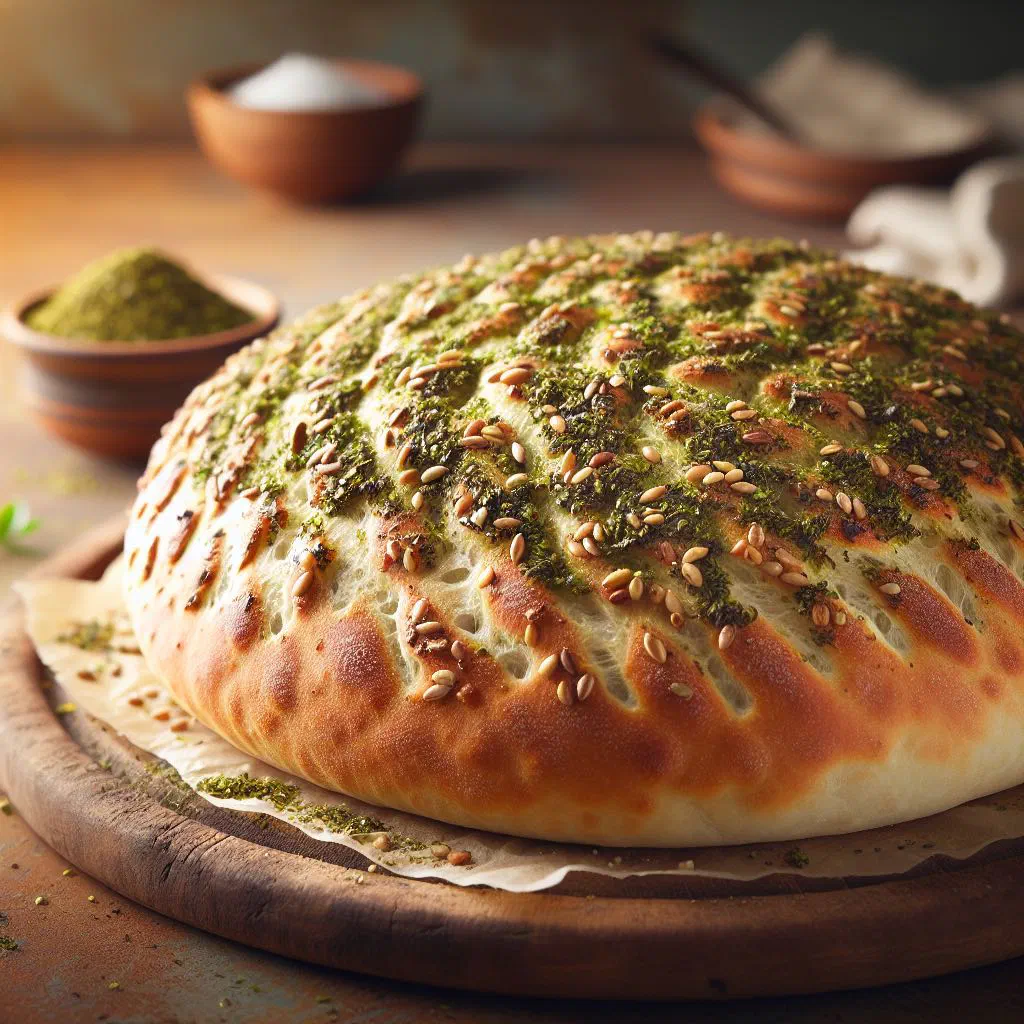 Freshly baked zaatar flatbread brushed with olive oil and herbs