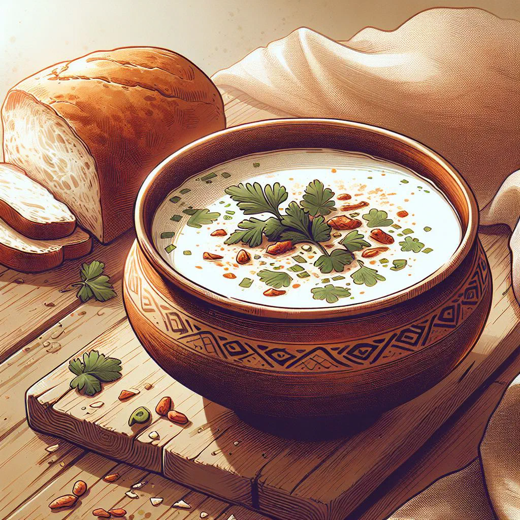 Bowl of chilled ayran soup garnished with fresh herbs
