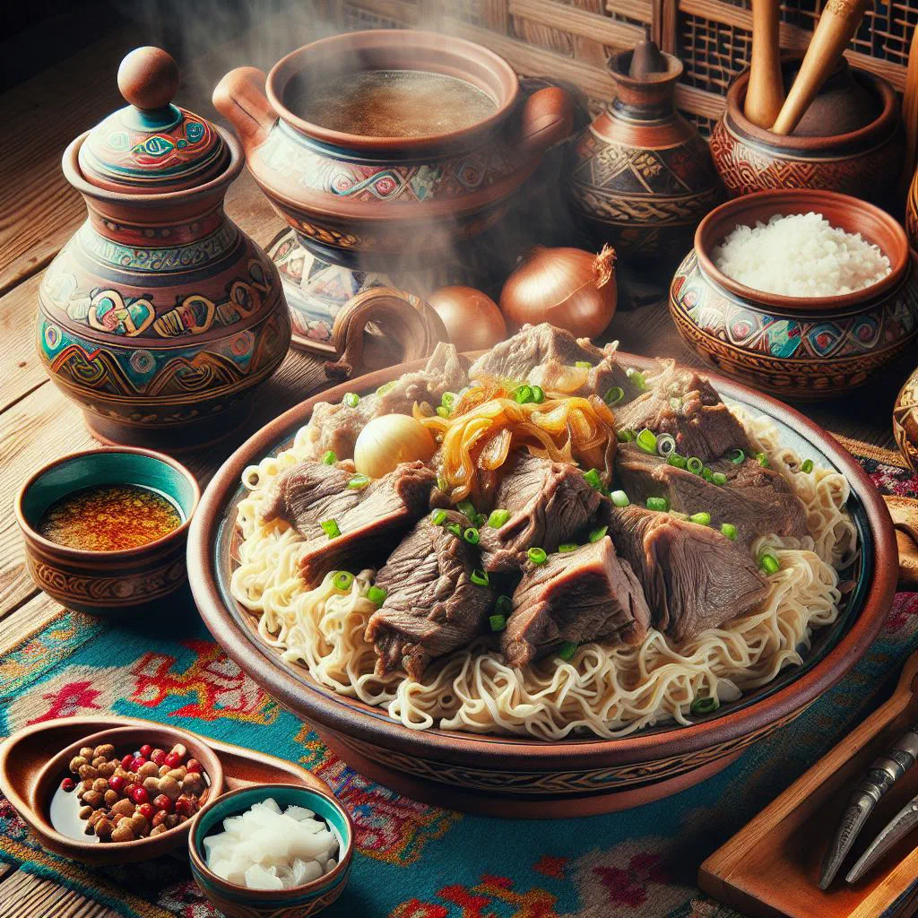 Besh barmak with tender meat over flat noodles and onions