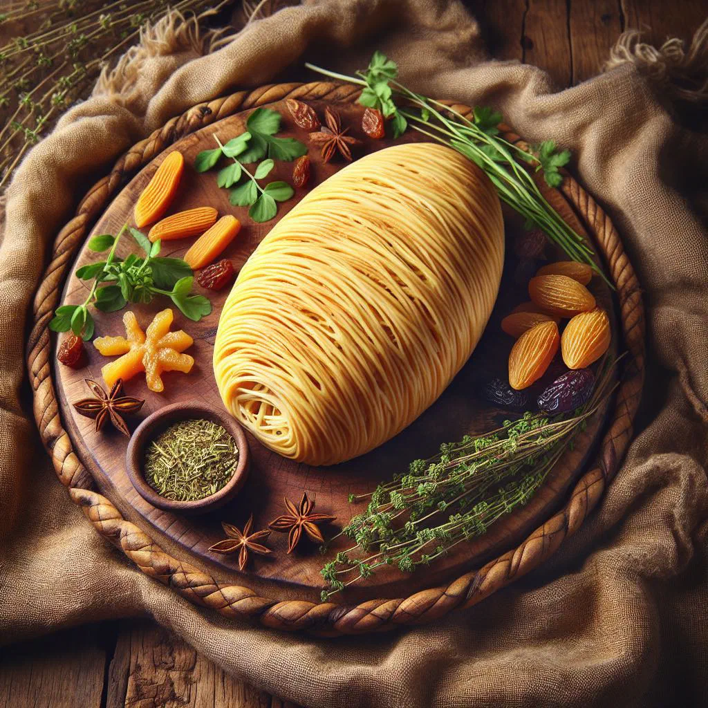 Fibrous braided chechil cheese served with fresh herbs on a wooden board