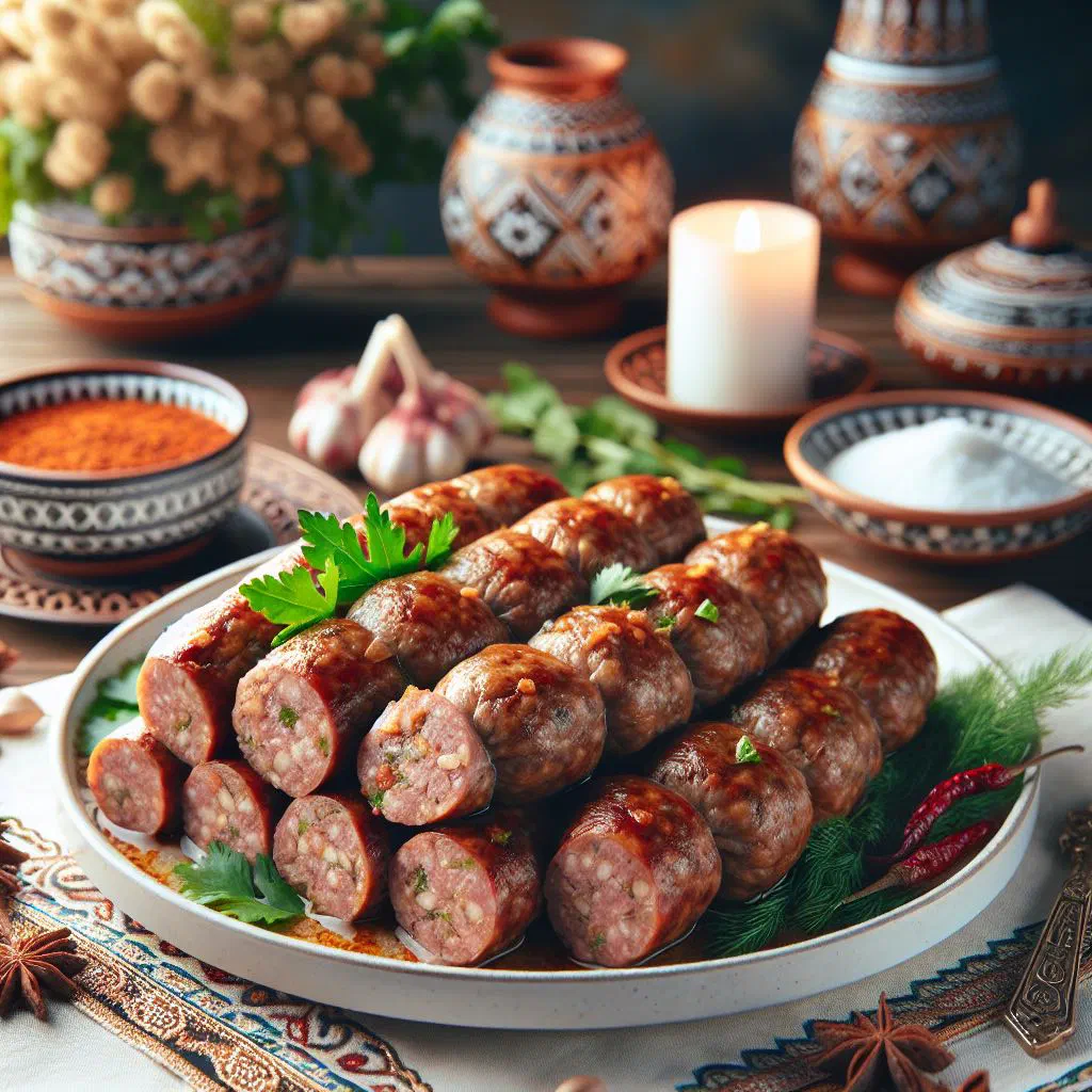 Tender spiced Chuchuk meat garnished with fresh herbs on a plate