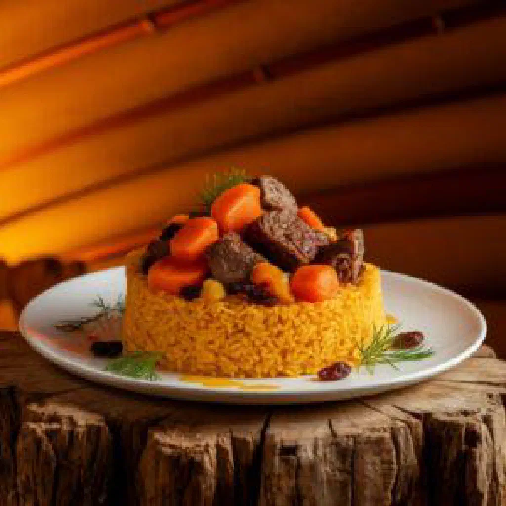 Ganfan with rice, tender meat and carrots in a bowl