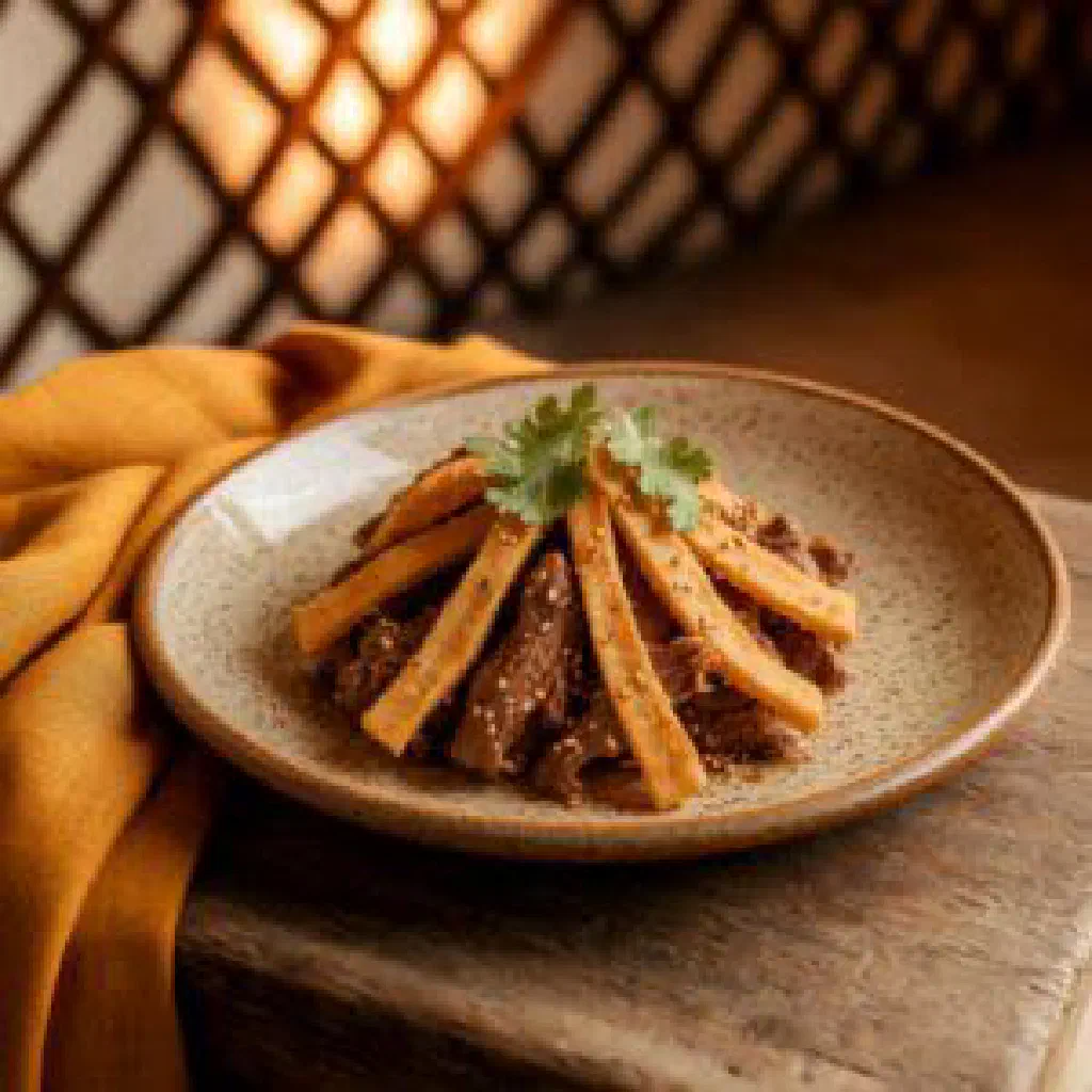 A steaming bowl of Jarma garnished with fresh herbs