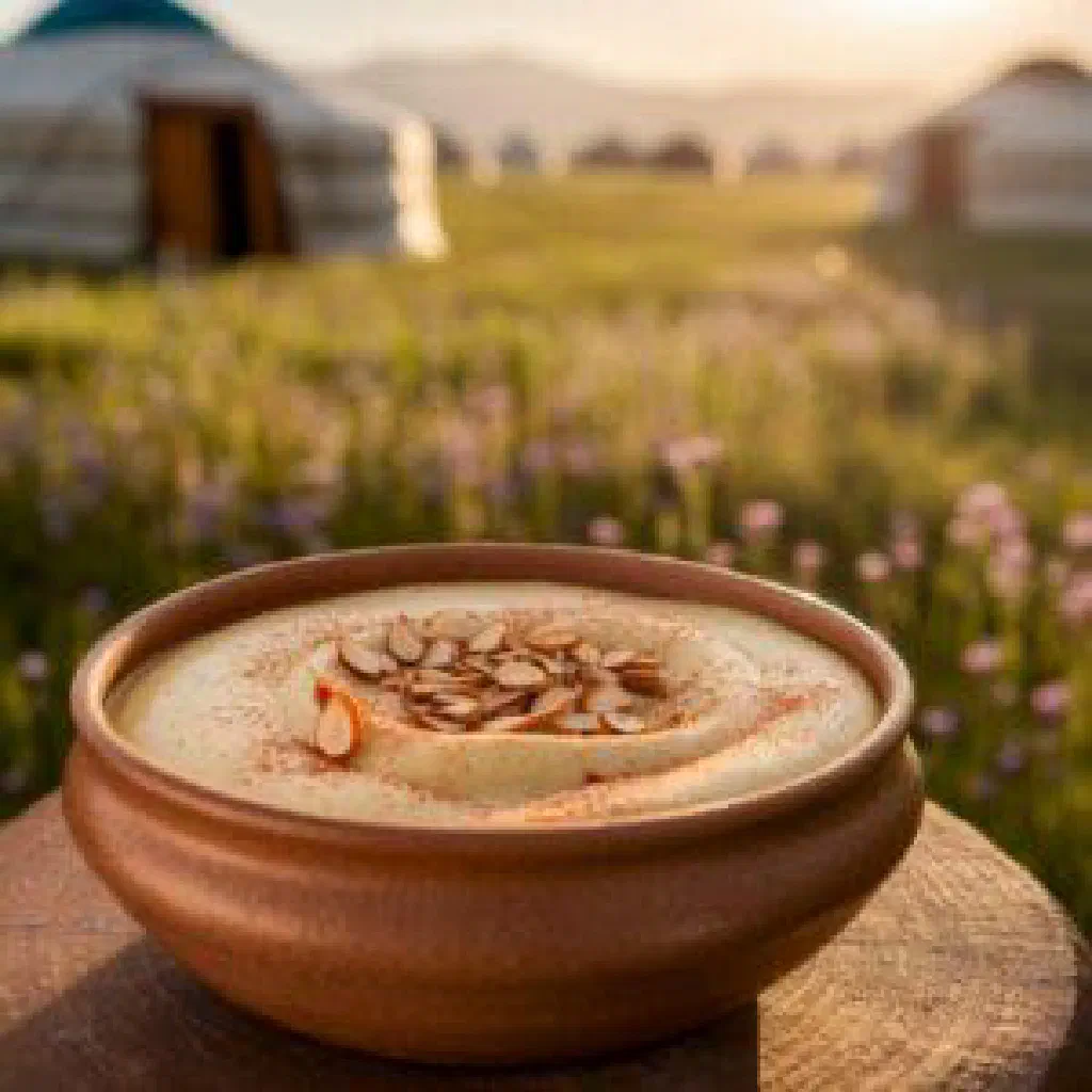 A bowl of thick, creamy Kyrgyz kaimak served as a side