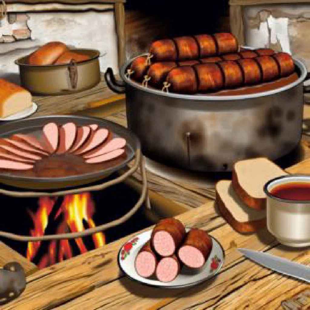 Sliced kazy, a dark air-dried horse meat sausage, on a wooden board