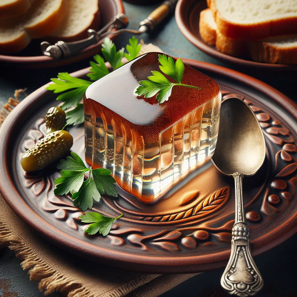 Sliced kholodets jellied meat garnished with fresh dill and carrots