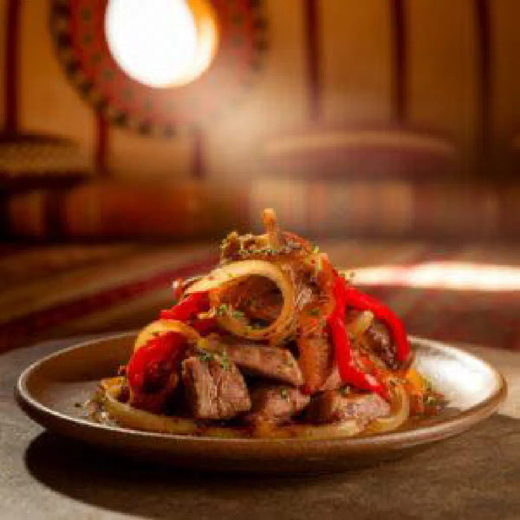 Kuurdak with tender lamb, potatoes and onions in a rustic bowl