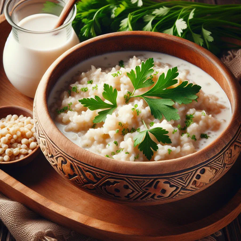 Bowl of kymyz-kasha with buckwheat, carrot and fresh herbs