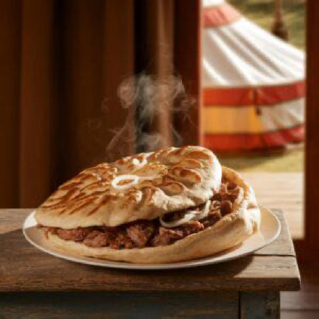 Round golden Kyrgyz lapyoshka flatbread on a rustic board