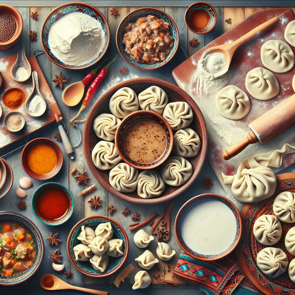 Steamed Kyrgyz manty dumplings served with yoghurt