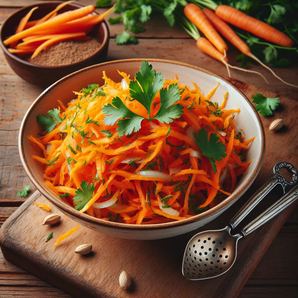 Spiced shredded carrot salad garnished with fresh herbs