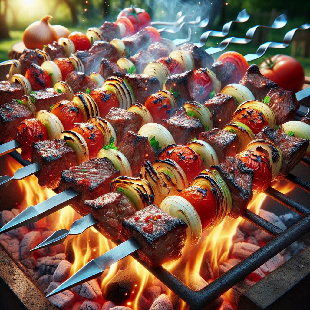 Grilled shashlik skewers of marinated lamb with onions