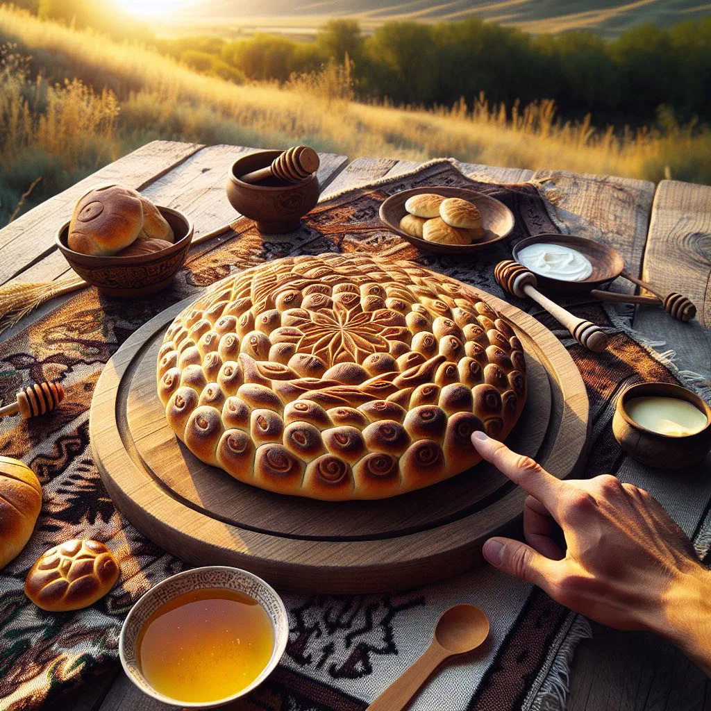 Golden Kyrgyz shelpek flatbreads stacked on a rustic wooden board