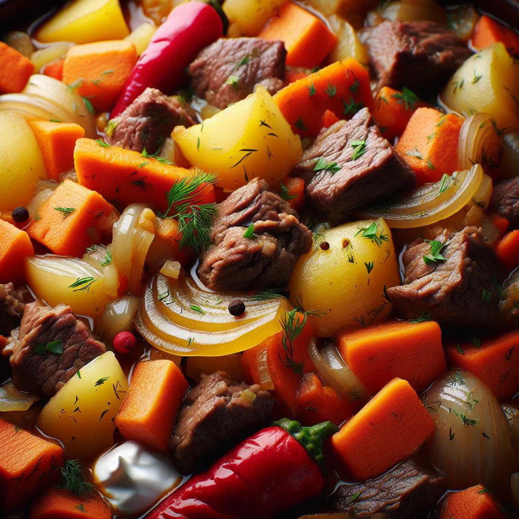 Hearty Kyrgyz zharkoe stew with tender meat, potatoes and carrots in a bowl